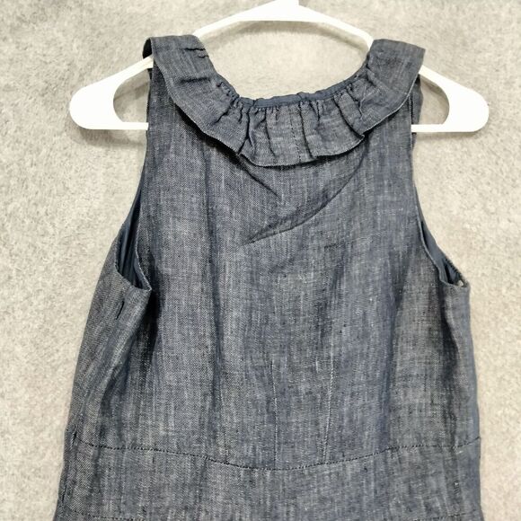Taylor Sheath Dress Linen Wmns Sz 6 Blue Chambray Sleeveless Ruffle V-Neck - Picture 11 of 13